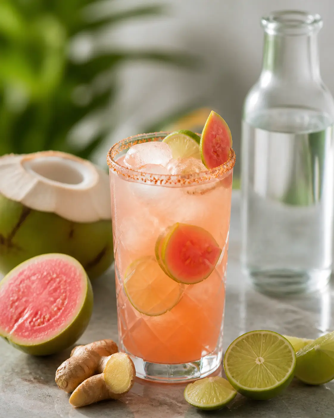Iced Pink Guava, Lime, Ginger and Coconut Water Cooler with Chili Salt