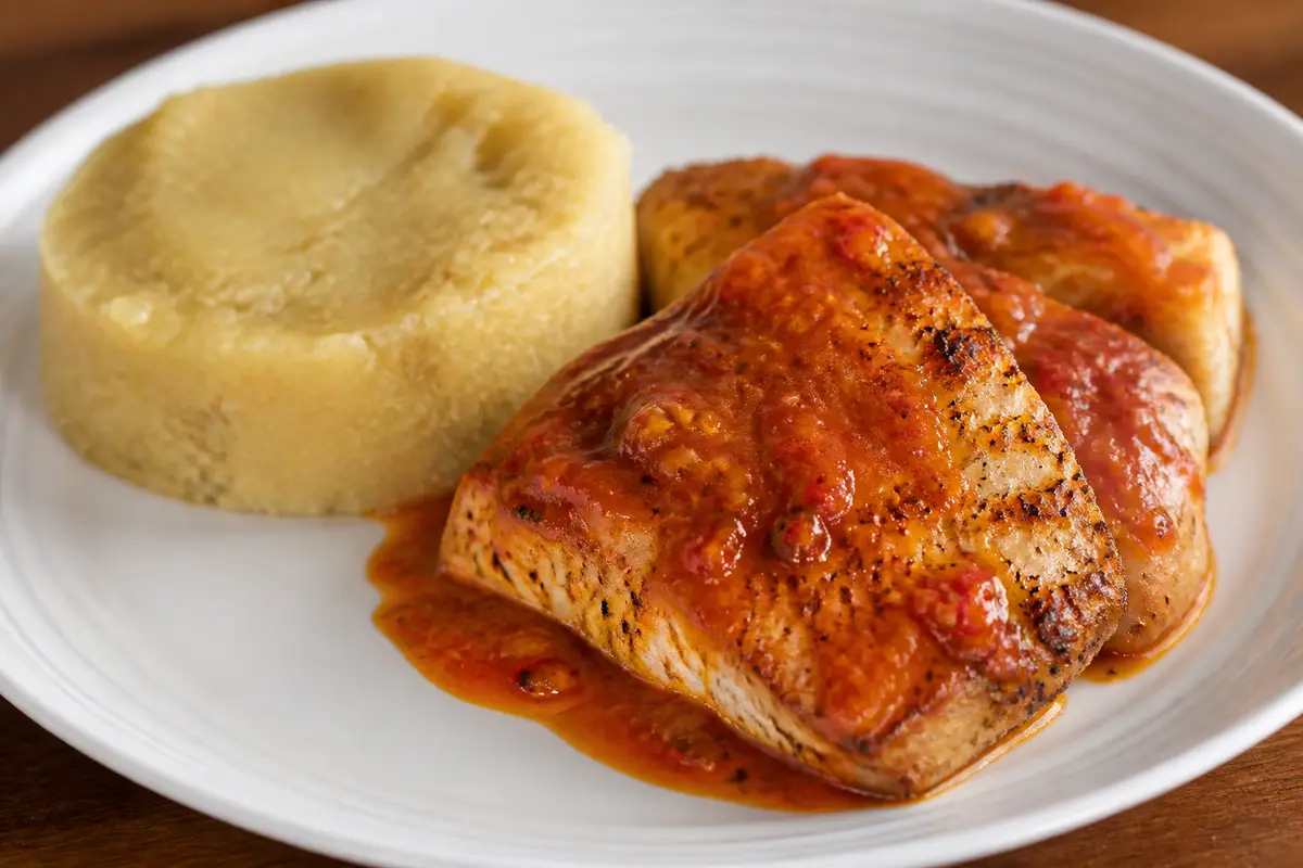 Mahi mahi caribeño al recado de guayaba y chile con mofongo suave de yuca