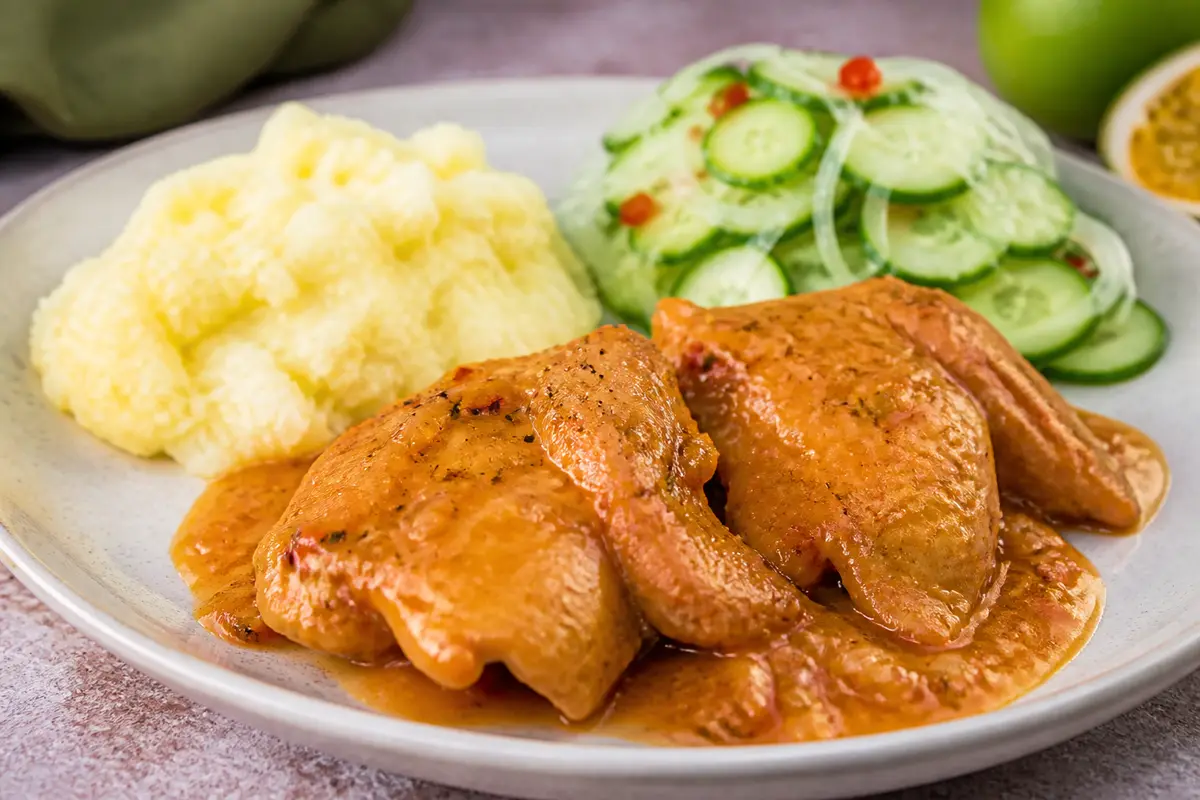 Pollo Caribeño en Salsa de Maracuyá y Achiote con Puré Rústico de Yuca y Ensalada de Pepino