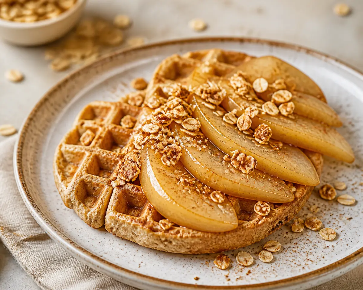 Waffles de Avena y Ricotta con Peras al Jengibre y Granola de Sésamo