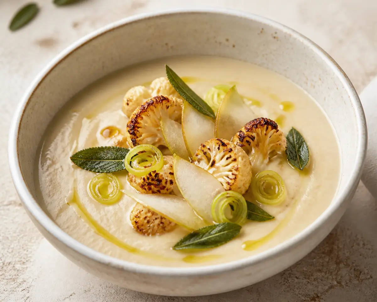 Roasted Cauliflower, Pear and Leek Soup with Sage-Hazelnut Oil