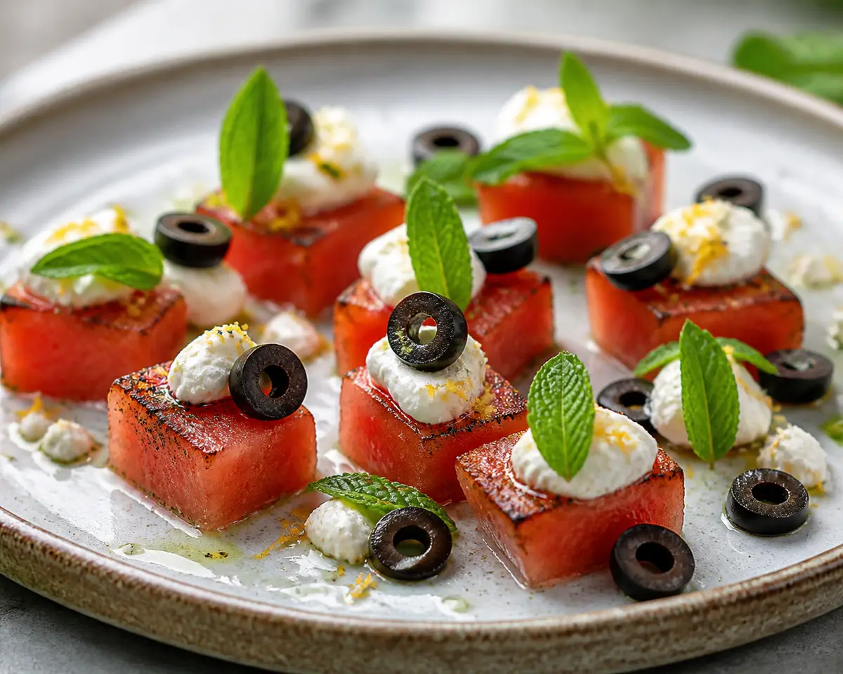 Seared Watermelon Bites with Lemon Goat Cheese, Black Olive and Crisp Mint
