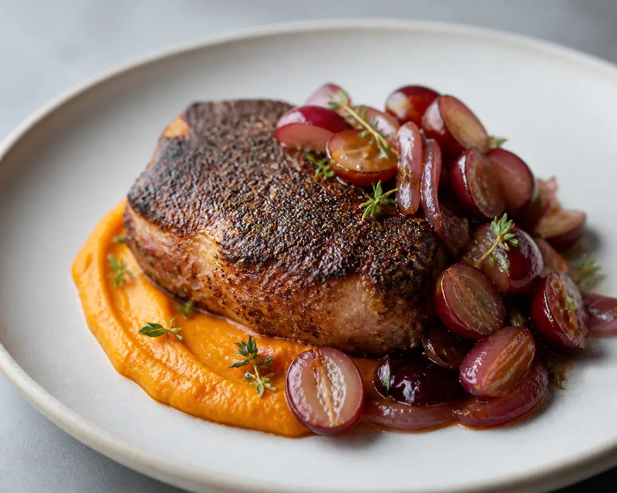 Presa de Cerdo con Costra de Café y Tomillo, Salsa de Zanahoria Asada y Uvas Salteadas