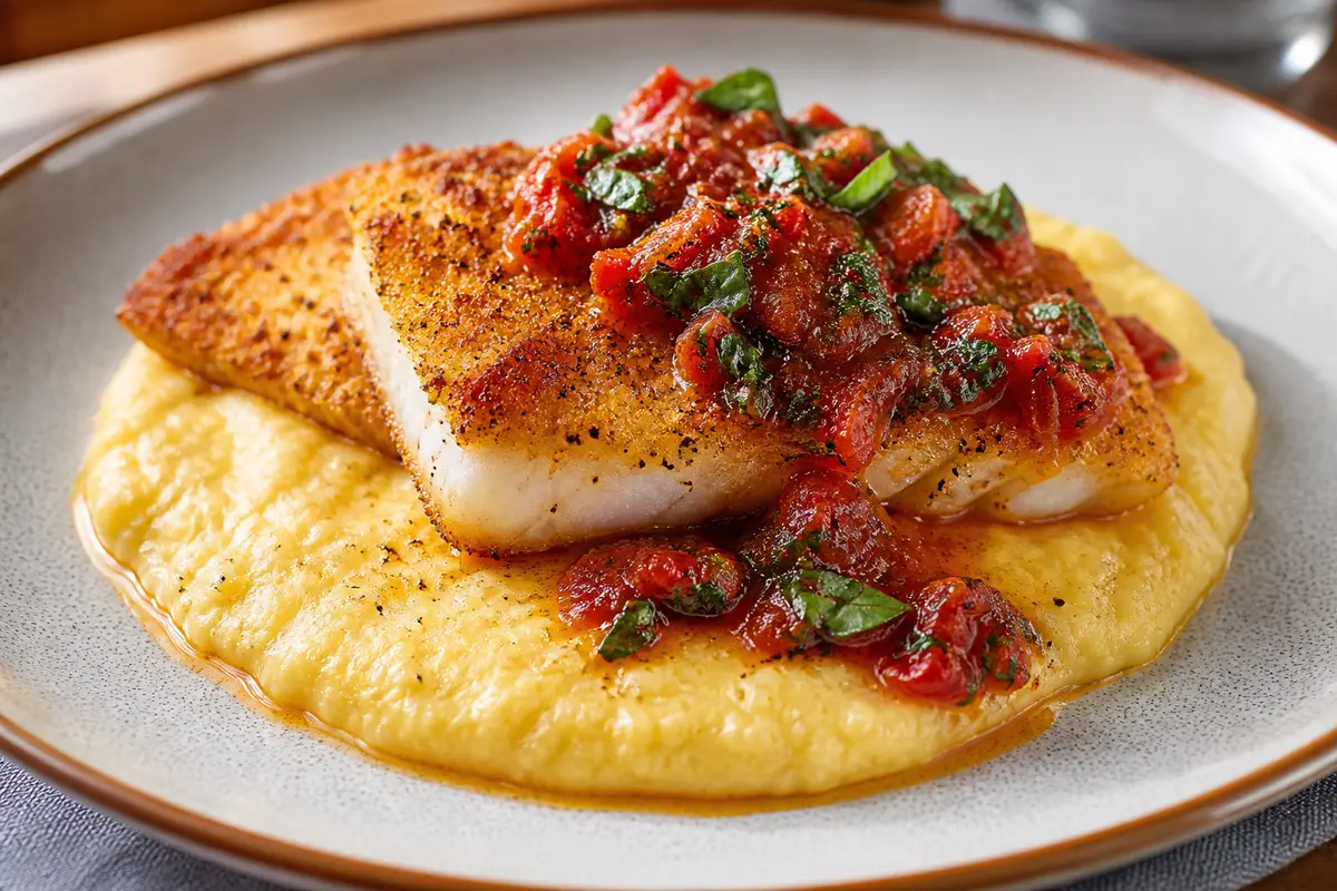 Pescado Crujiente con Salsa Tibia de Tomate Seco y Albahaca sobre Polenta Cremosa al Limón