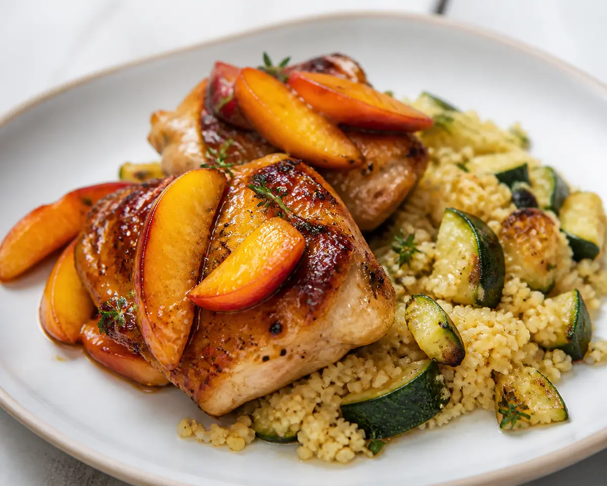 Pollo glaseado de melocotón asado, jengibre y tomillo con cuscús tostado de calabacín