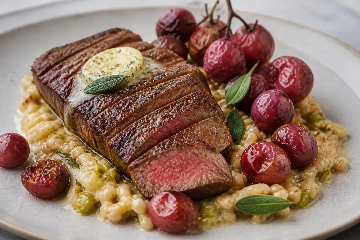 Seared Beef Sirloin with Sage Butter, Roasted Grapes, and Creamy Leek Farro