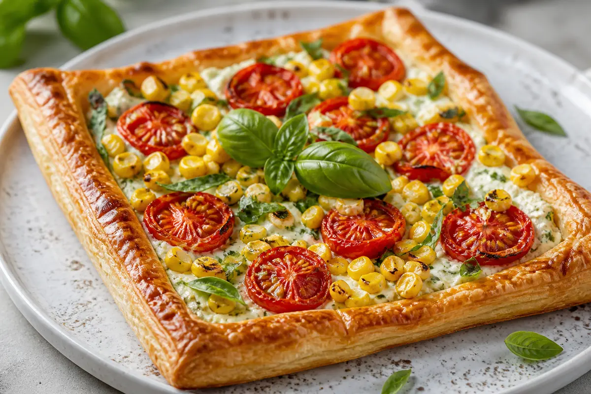 Tarta rústica de tomates asados, maíz dulce y ricotta al albahaca