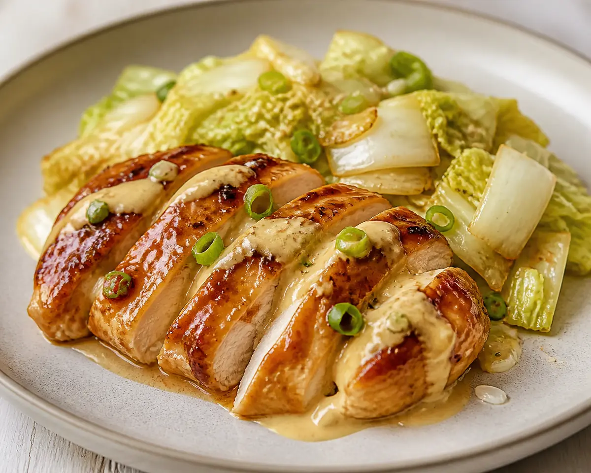 Miso-Ginger Glazed Chicken Breast with Sautéed Napa Cabbage and Warm Sesame Mayo