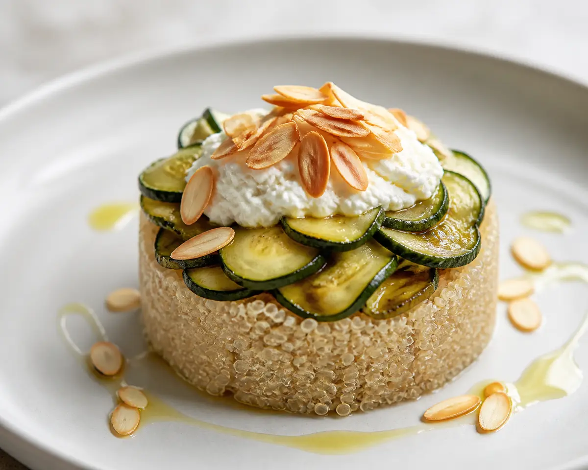 Timbal de Quinoa Dorada con Calabacín al Limón, Ricotta Batida y Almendra Tostada