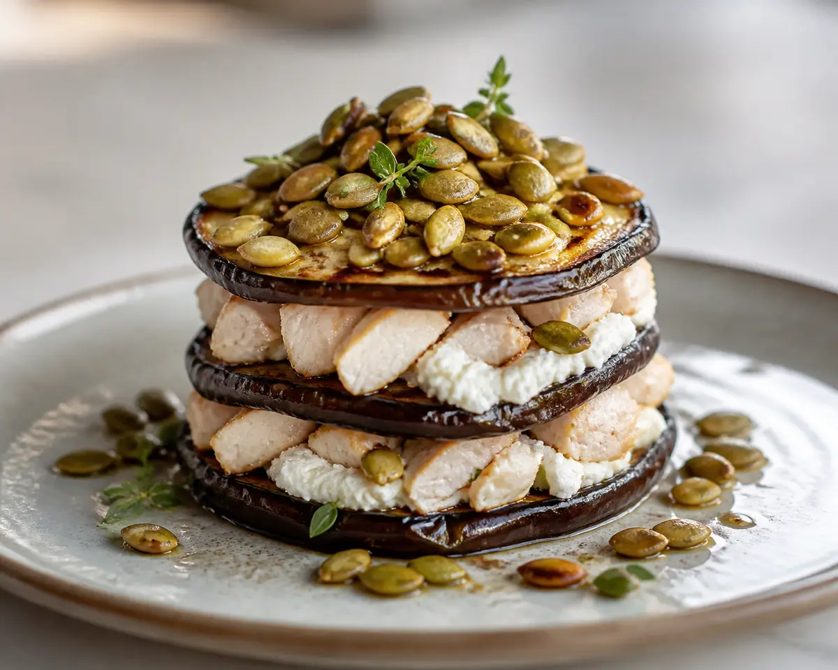 Warm Chicken, Ricotta and Eggplant Mille-Feuille with Pepita Crunch