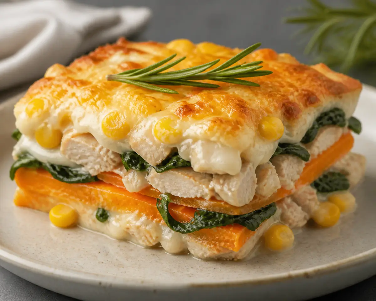 Lasaña Familiar de Boniato, Pollo al Romero y Bechamel de Maíz Dulce