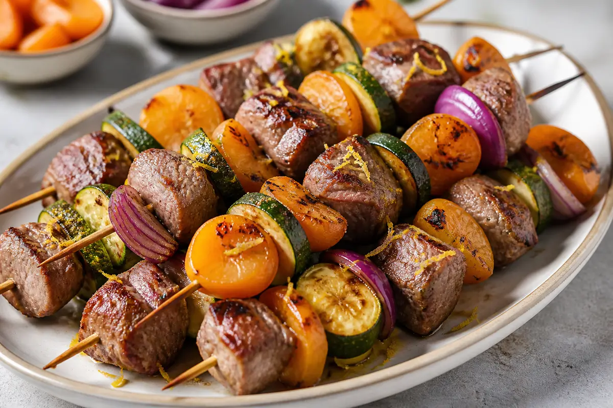 Grilled Lamb Skewers with Apricots, Zucchini, and Saffron Lemon Honey Marinade