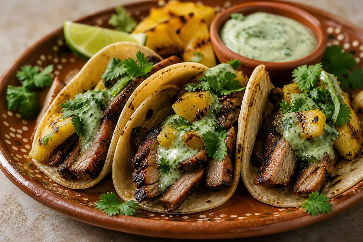 Pasilla-Piloncillo Pork Tacos with Grilled Pineapple and Cilantro Cream