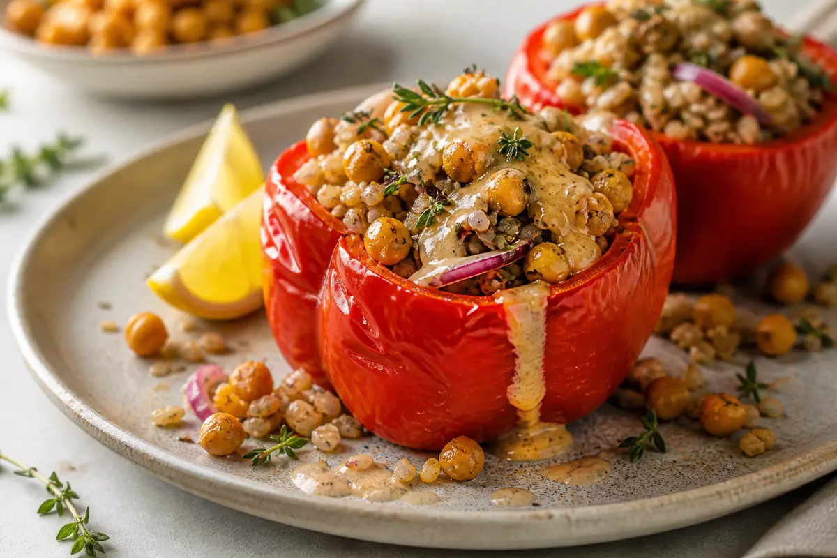 Pimientos Morrones Mediterráneos con Cebada al Tomillo, Garbanzos al Limón y Salsa de Tahini Asado