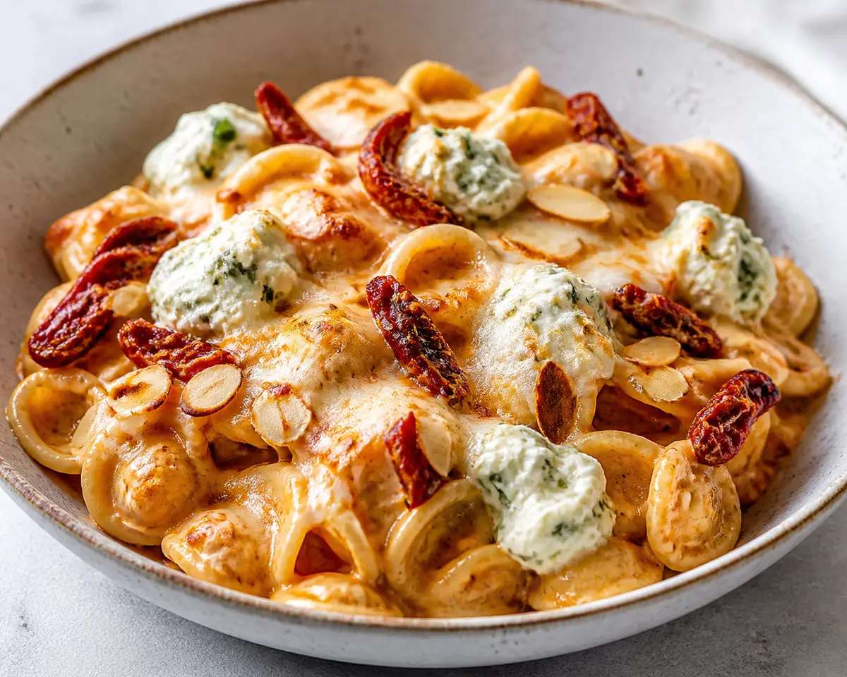 Orecchiette al horno con crema de tomate seco, ricotta de albahaca y almendras tostadas