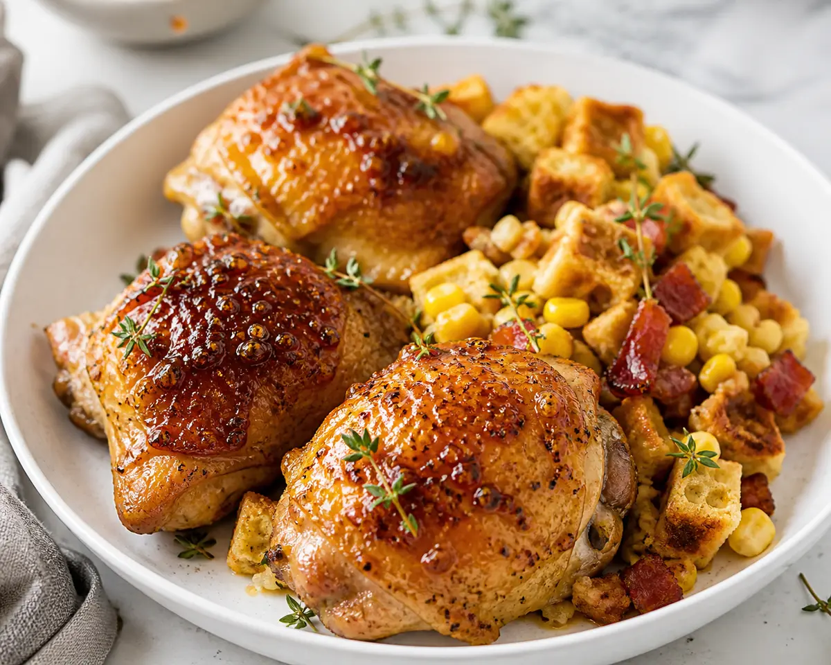 Crispy Maple-Mustard Chicken with Savory Bacon Corn Waffle Stuffing