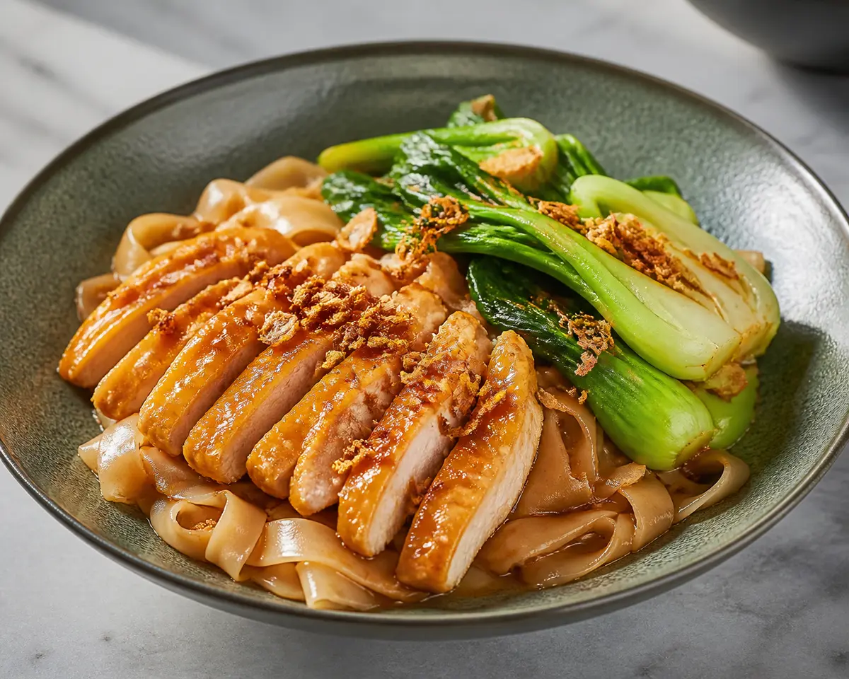 Fideos de arroz con pollo laqueado al mango especiado, bok choy salteado y crujiente de chalota