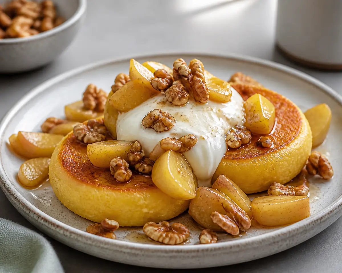 Baked Polenta Breakfast Cakes with Golden Apples, Maple Yogurt, and Spiced Walnuts