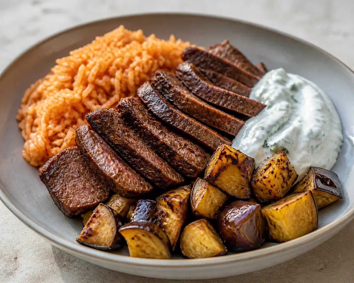 Spiced Beef Bowl with Tomato Rice, Golden Eggplant, and Mint Yogurt