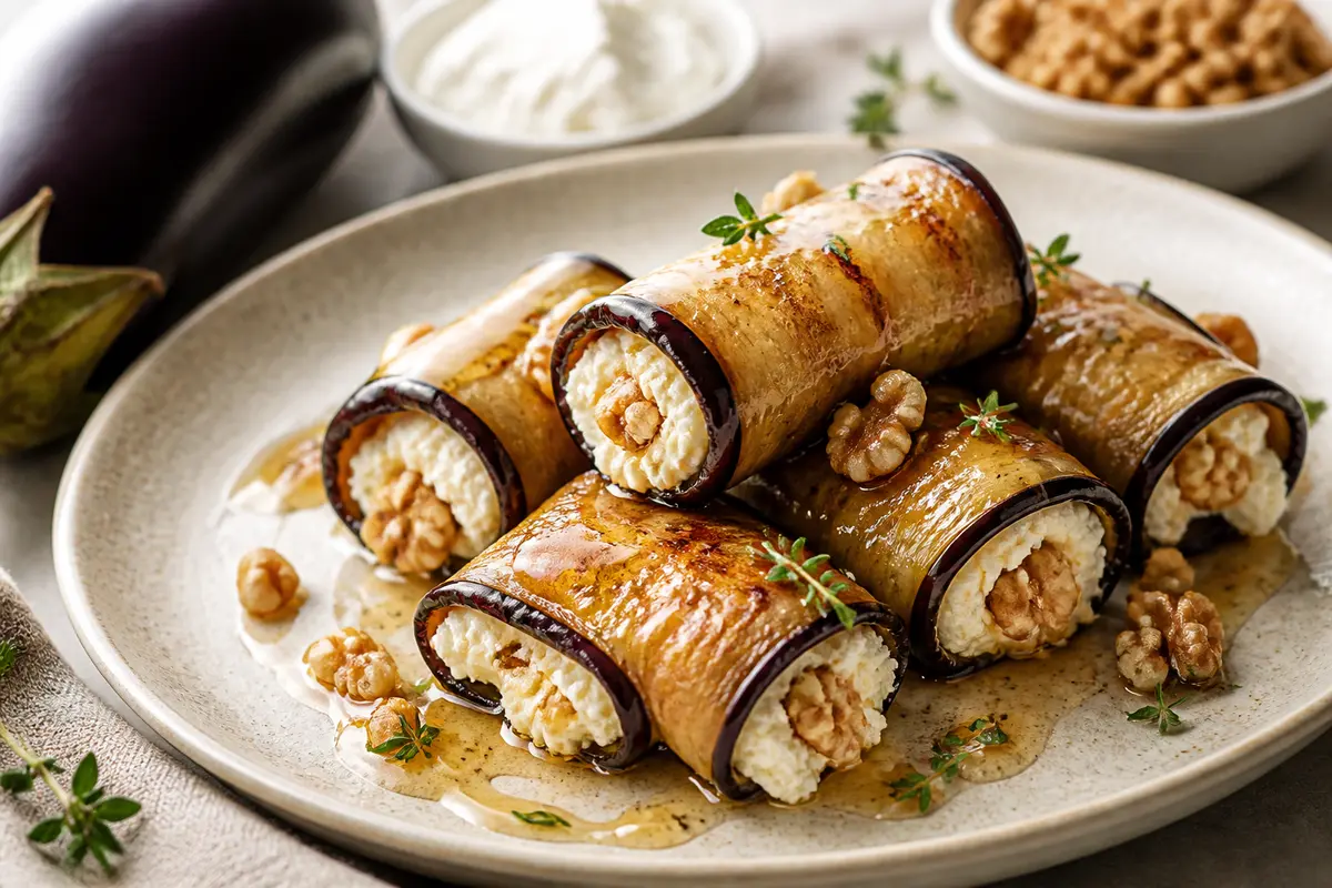Rulos crujientes de berenjena, ricotta y nuez con miel de limón y tomillo