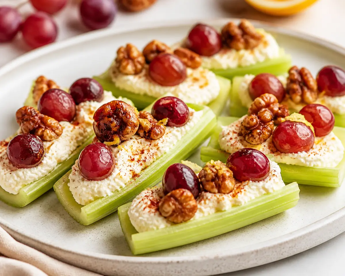 Celery Boats with Lemon Ricotta, Roasted Grapes and Paprika Walnuts