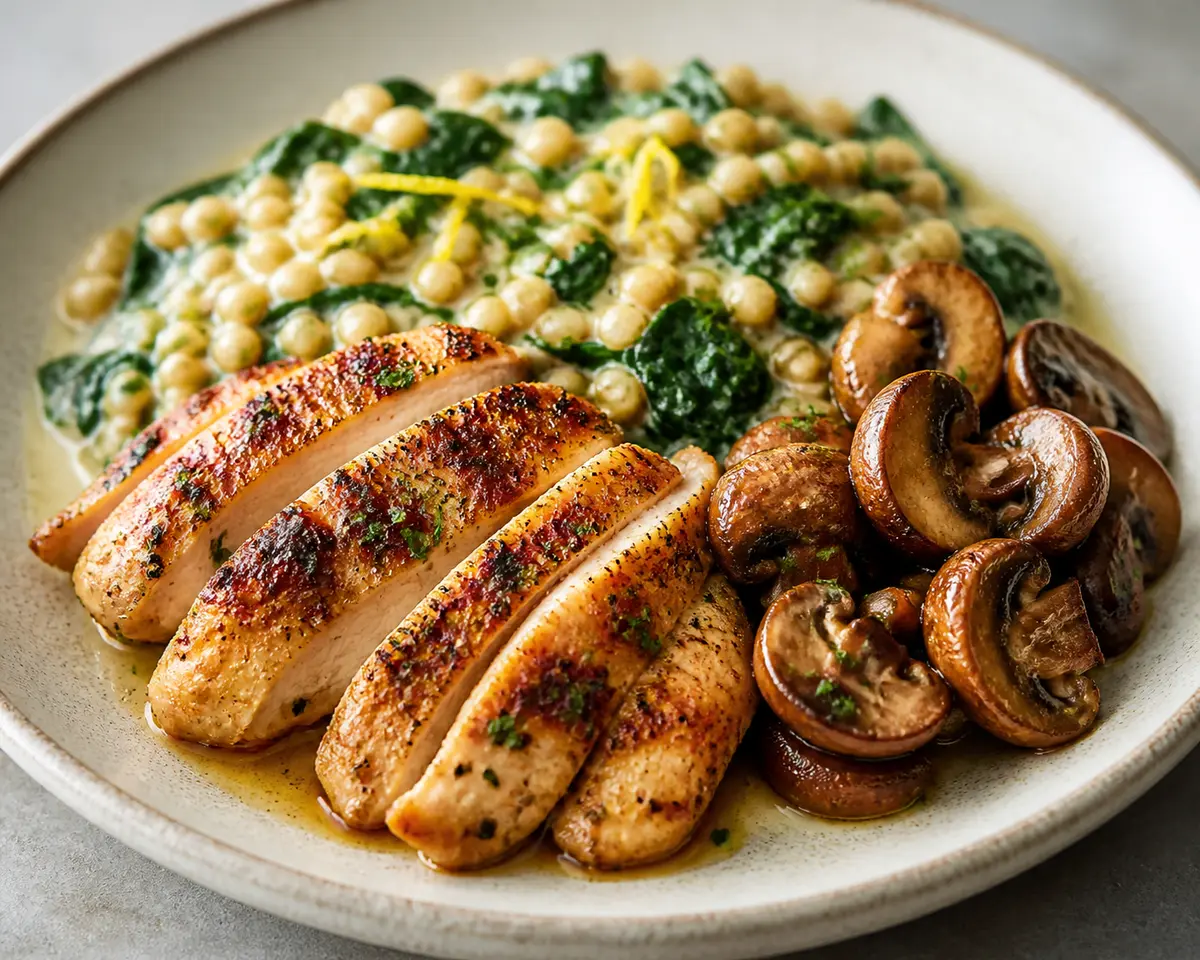 Roasted Paprika Lemon Chicken with Creamy Spinach Barley and Balsamic Mushrooms