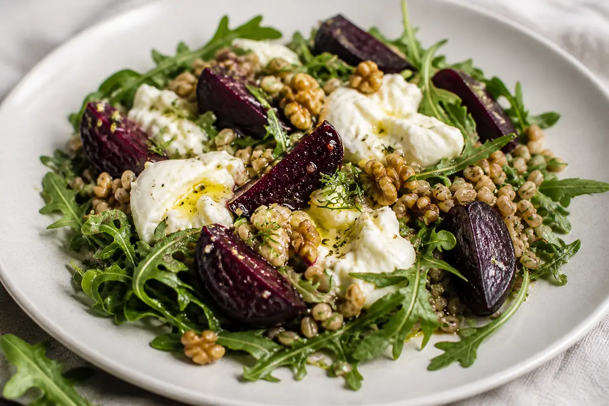 Ensalada tibia de remolacha asada, cebada tostada y burrata con vinagreta de nuez y eneldo