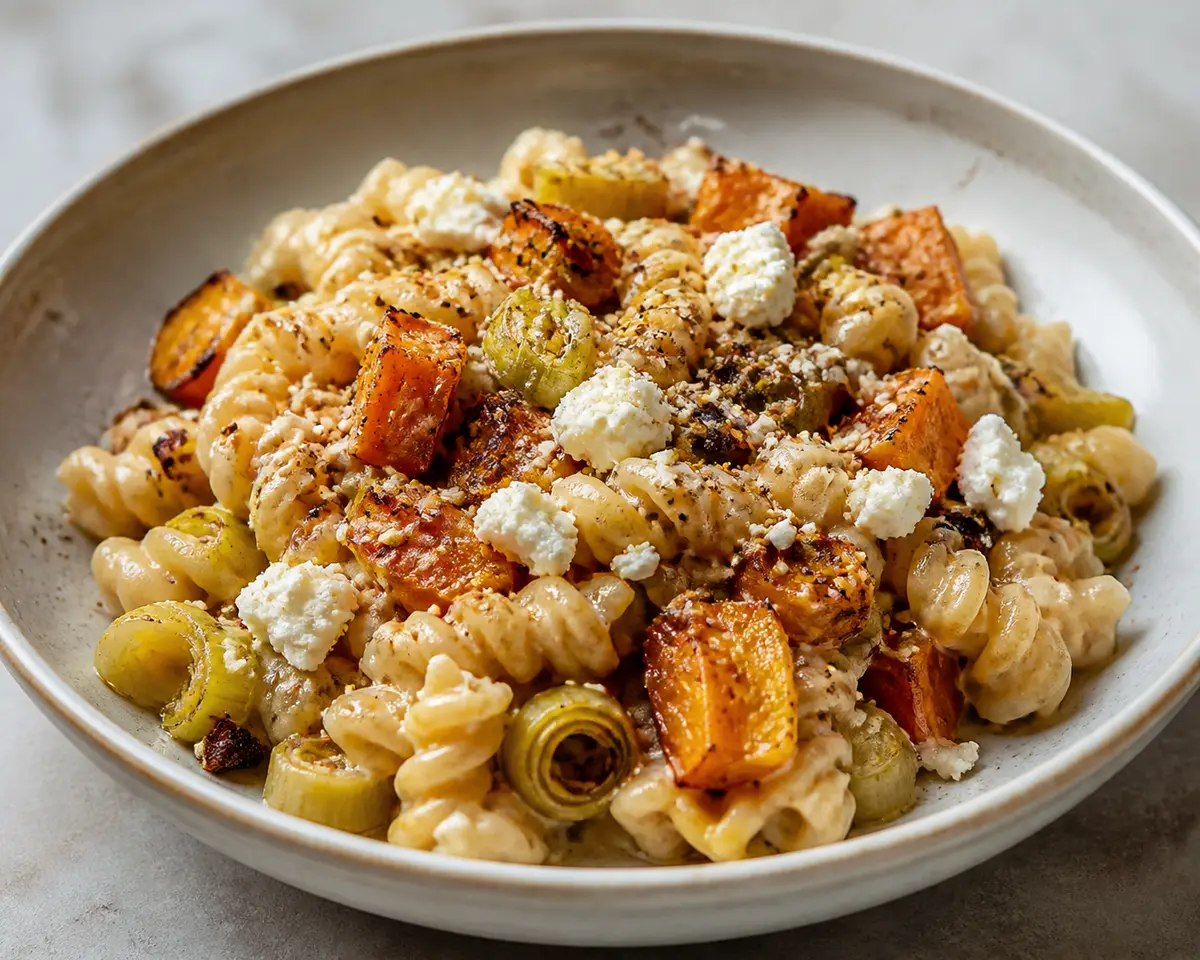 Torchiette cremosas de zanahoria especiada, puerro dorado y feta con dukkah de sésamo