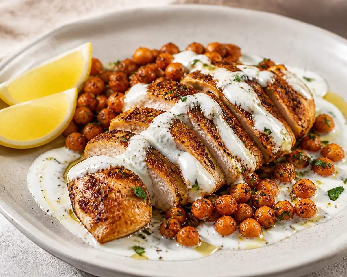 Pollo al horno con salsa de yogur ahumado, limón y garbanzos crujientes