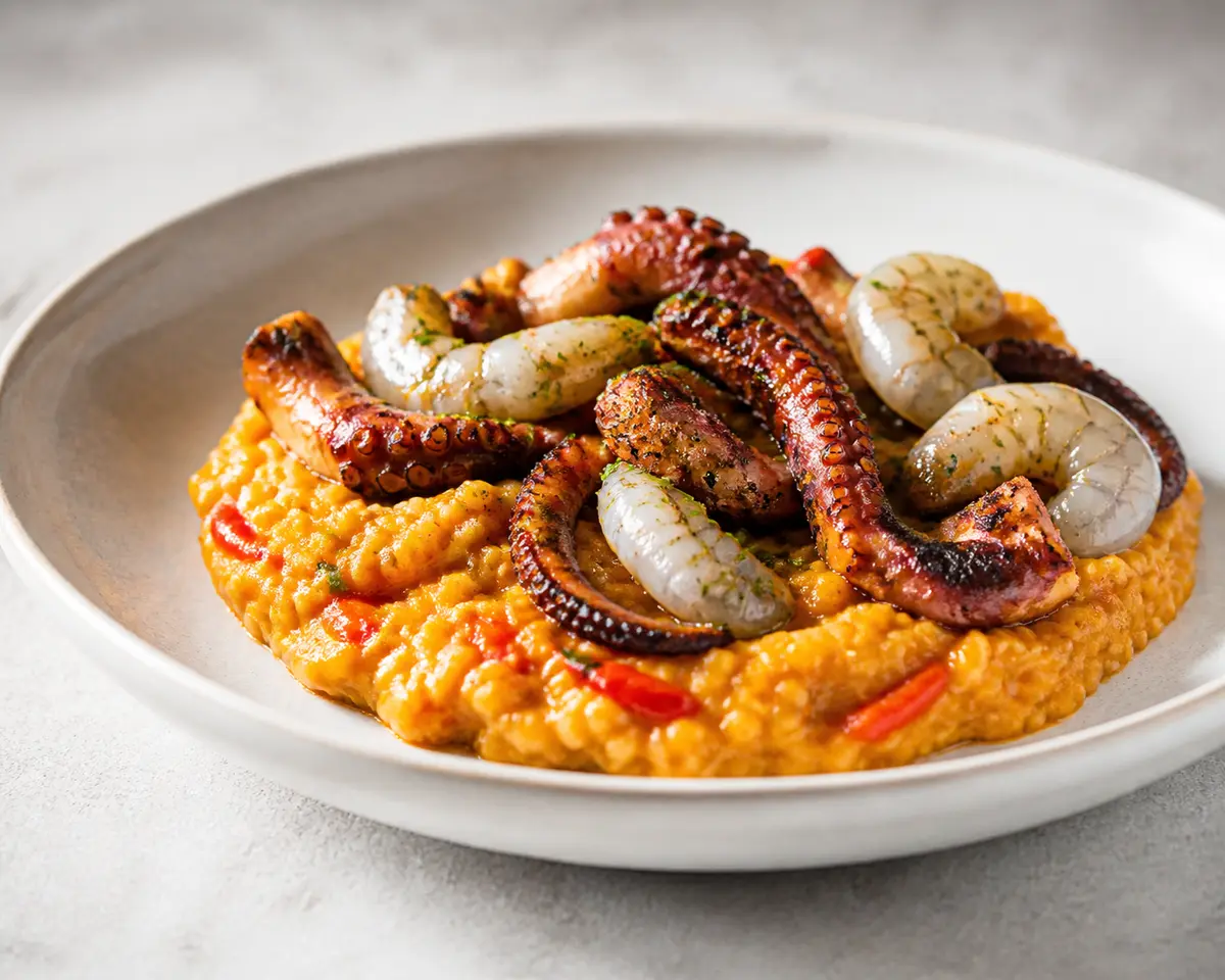 Salteado Marino de Pulpo y Langostinos con Mijo Cremoso al Pimiento Asado