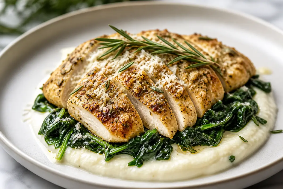 Pollo Keto con Costra de Parmesano y Romero sobre Crema de Coliflor y Espinacas al Ajo