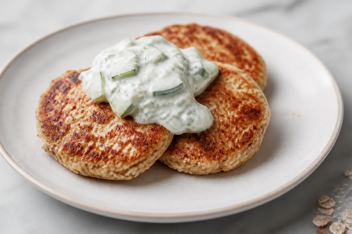 Savory Cottage Cheese, Turkey and Oat Pancakes with Warm Yogurt Cucumber Sauce