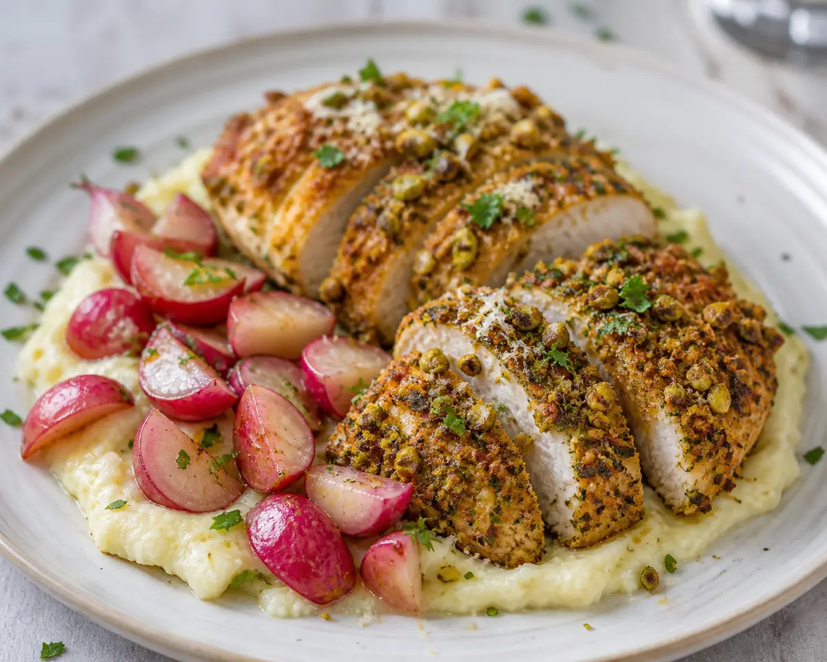 Pollo crujiente con costra de pistacho y hierbas sobre puré de coliflor al ajo y rábanos salteados al limón