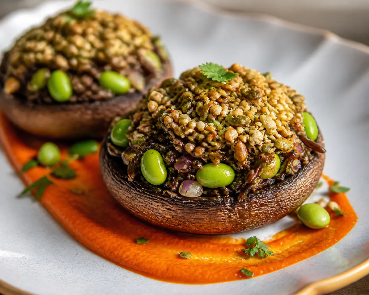 Champiñones portobello rellenos de arroz salvaje, edamame y costra crujiente de semillas con salsa tibia de pimiento asado