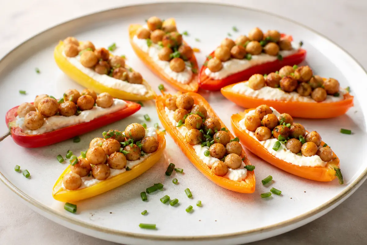 Barquitas tibias de pimiento con queso crema al limón, garbanzos crujientes y cebollino