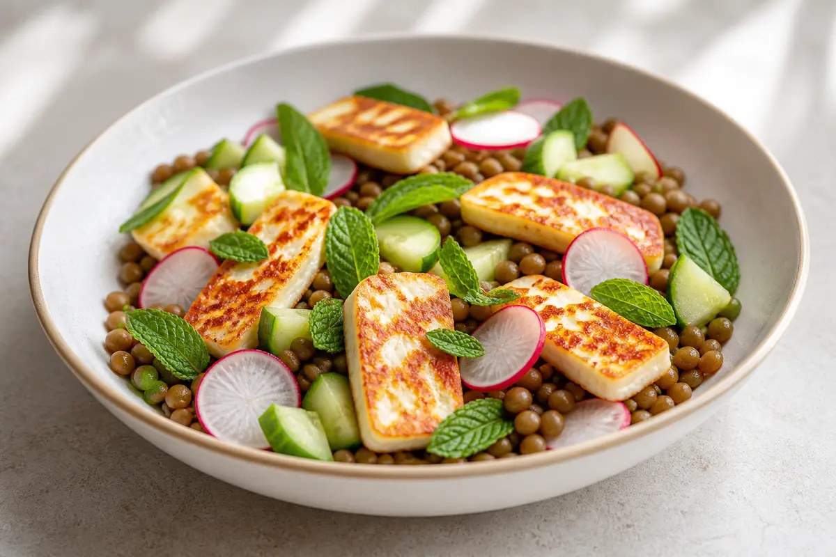 Bowl Exprés de Lentejas Crujientes, Halloumi Dorado y Pepino con Menta
