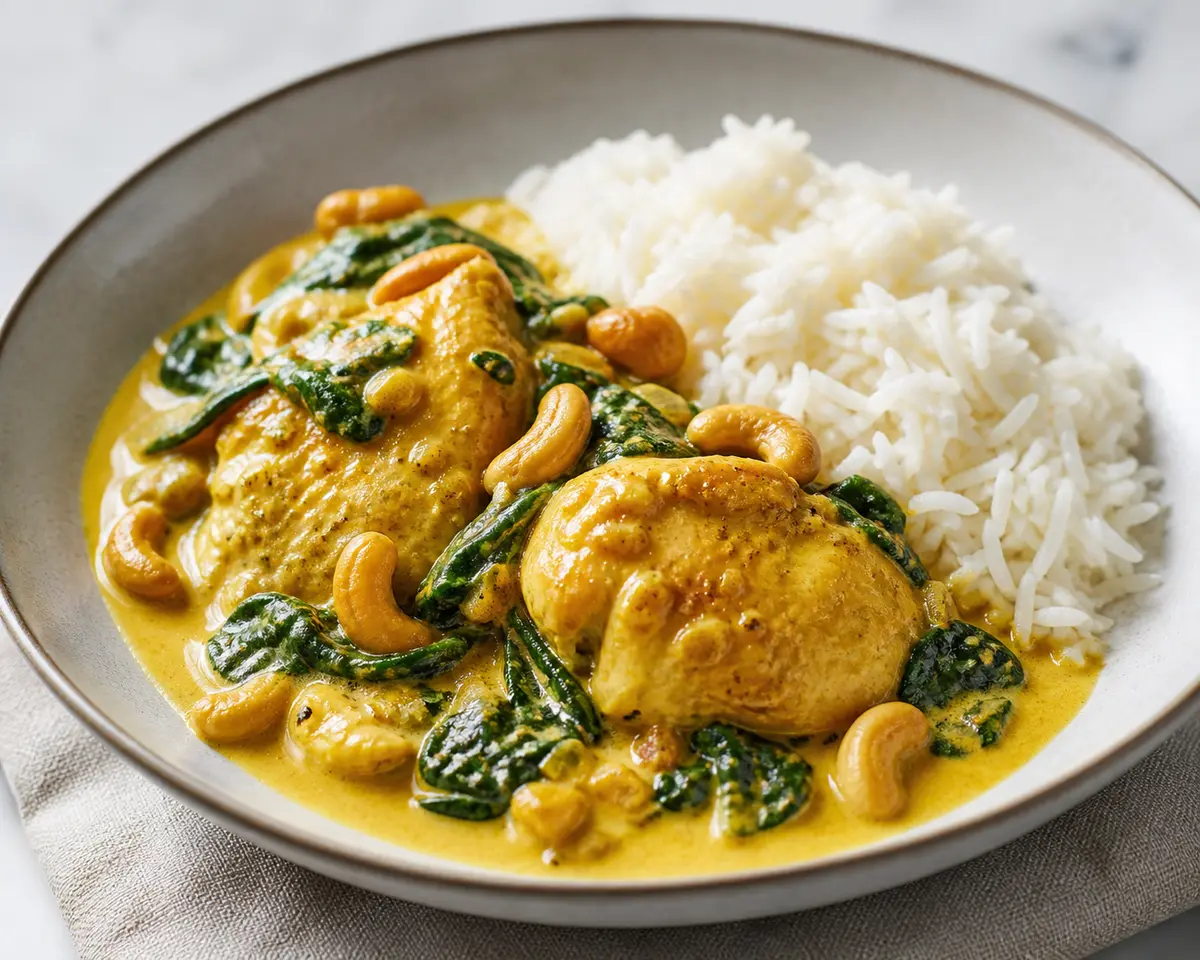 Instant Pot Creamy Coconut Turmeric Chicken with Jasmine Rice, Spinach and Cashews
