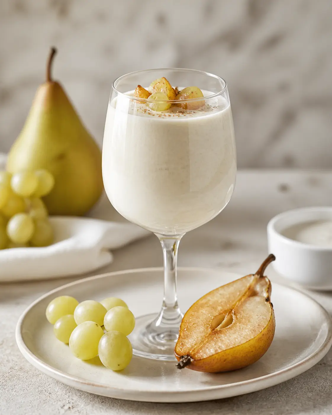 Batido Seda de Pera Asada, Uva Blanca y Cardamomo