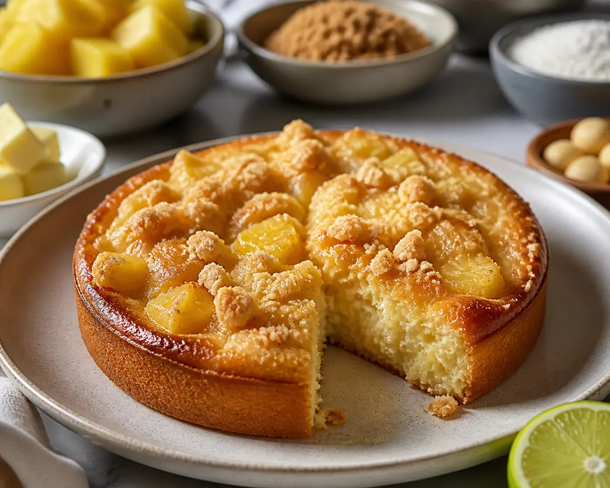 Clafoutis suave de coco y lima con piña dorada y crumble salado de macadamia
