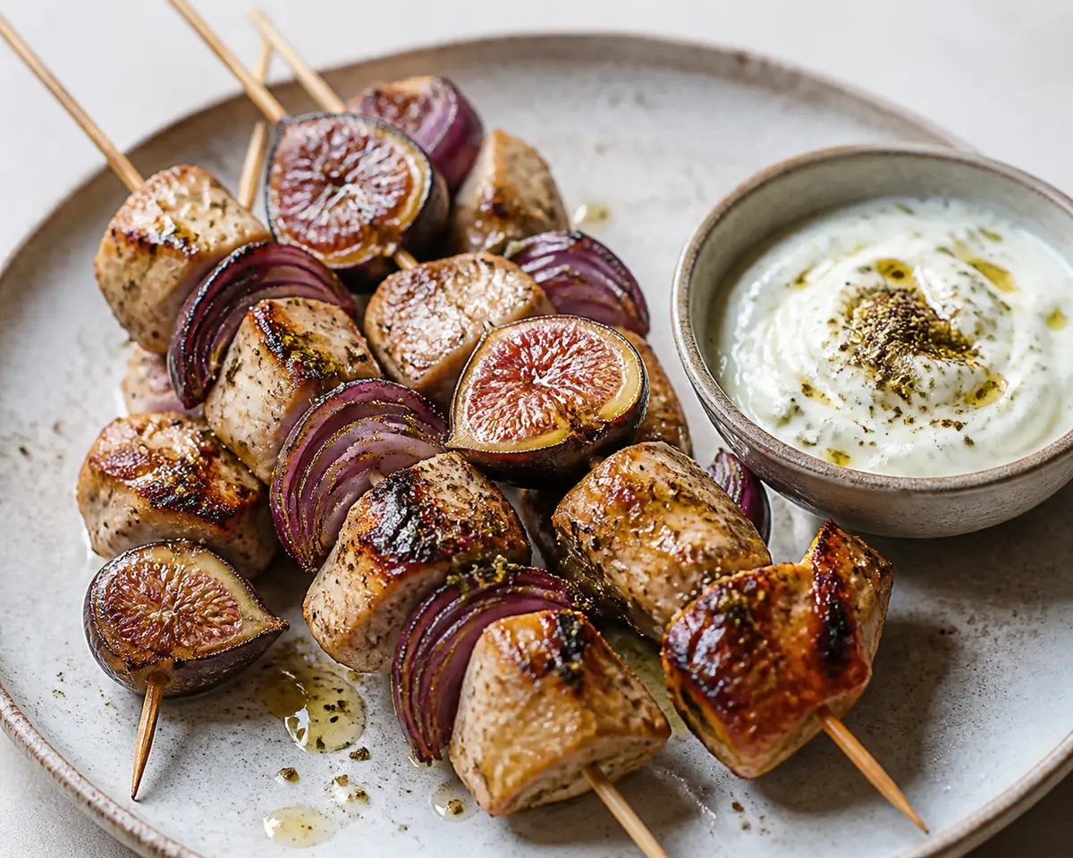 Grilled Chicken Skewers with Caramelized Figs, Red Onion, and Za’atar Yogurt Sauce