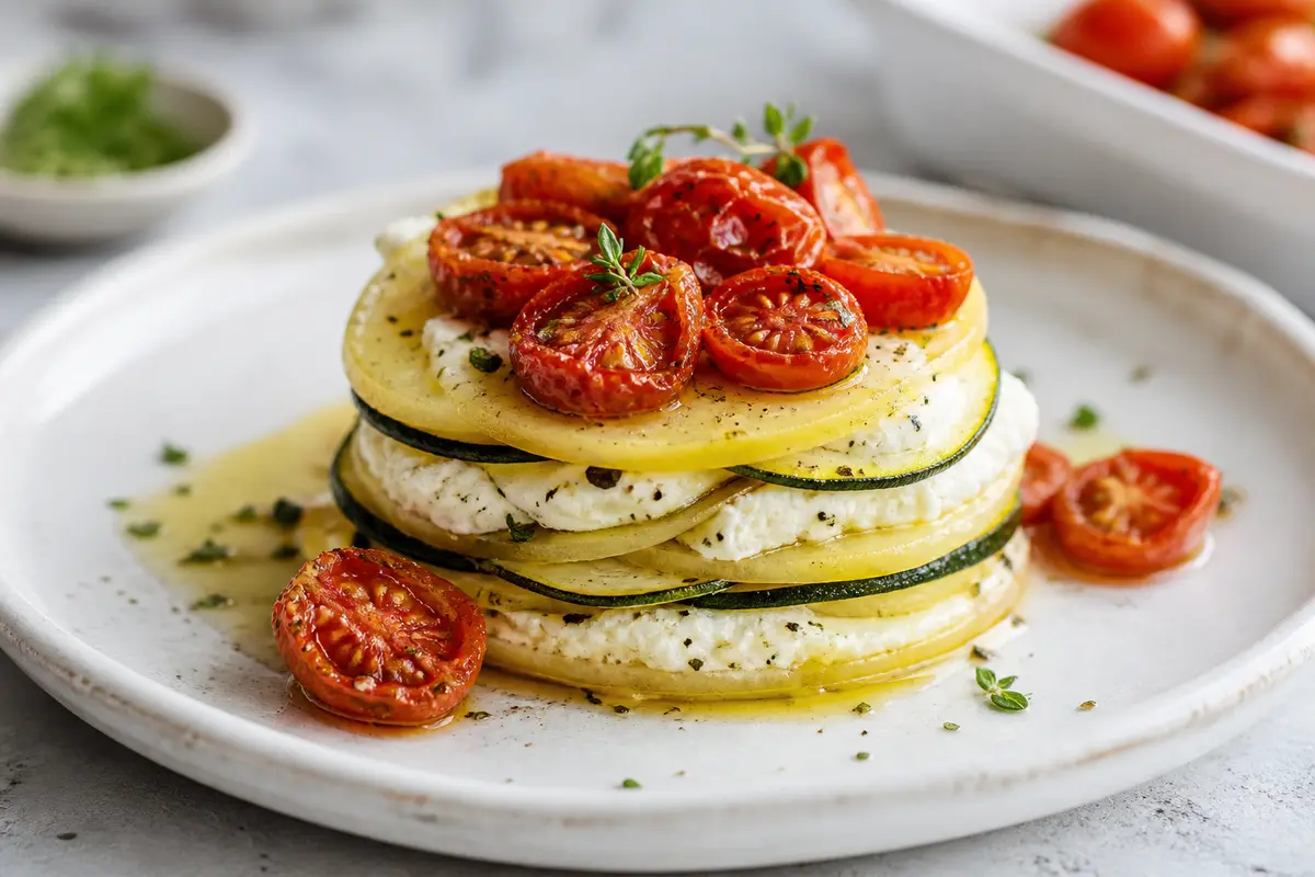 Milhojas Mediterráneo de Patata, Calabacín y Ricotta al Limón con Tomates Asados