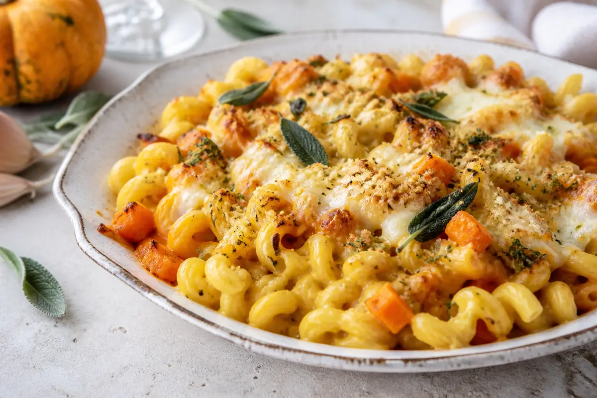 Cavatappi al horno con crema de calabaza al vino blanco, scamorza ahumada y migas crujientes de salvia