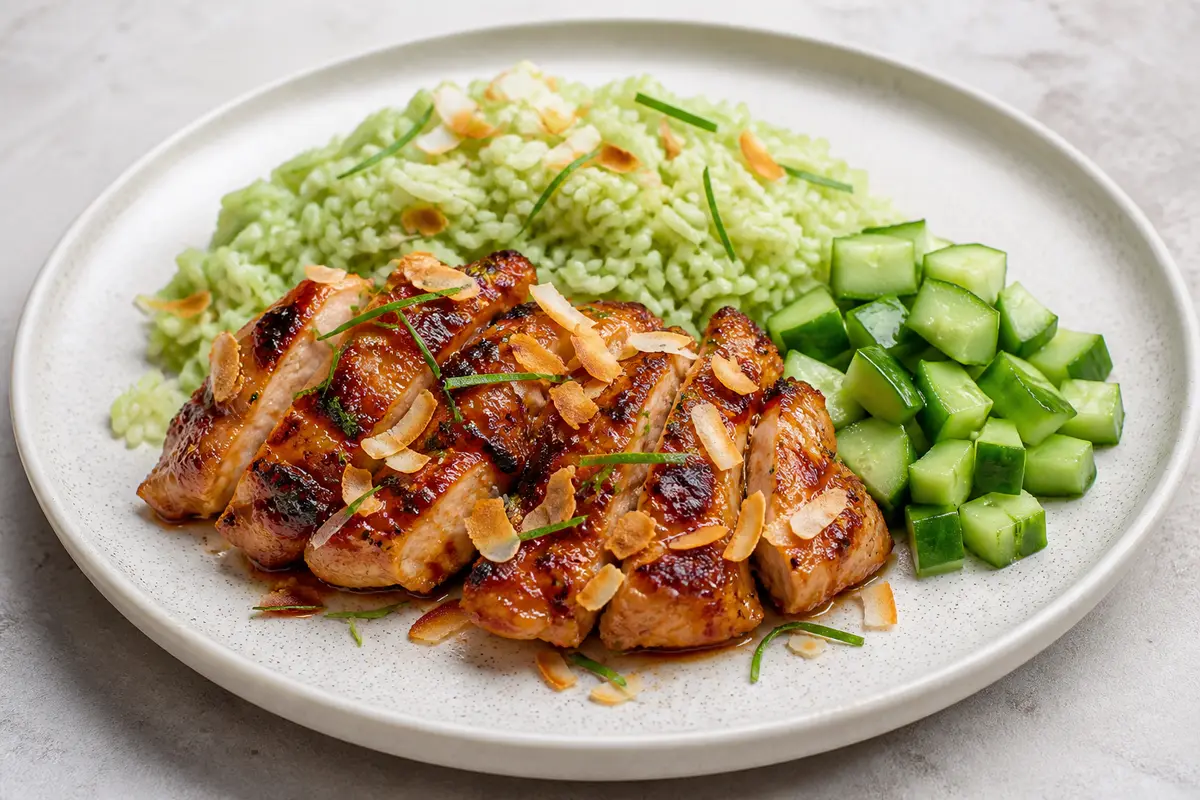 Caramelized Coconut Kaffir Lime Chicken with Green Jasmine Rice and Crunchy Cucumber