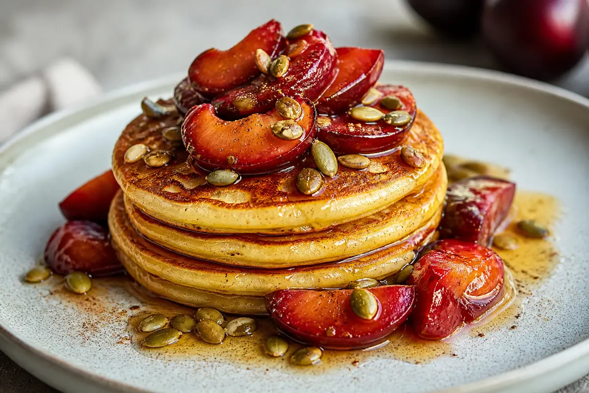 Tortitas de Yogur y Sémola de Limón con Ciruelas Asadas al Cardamomo y Miel Crujiente de Pepitas