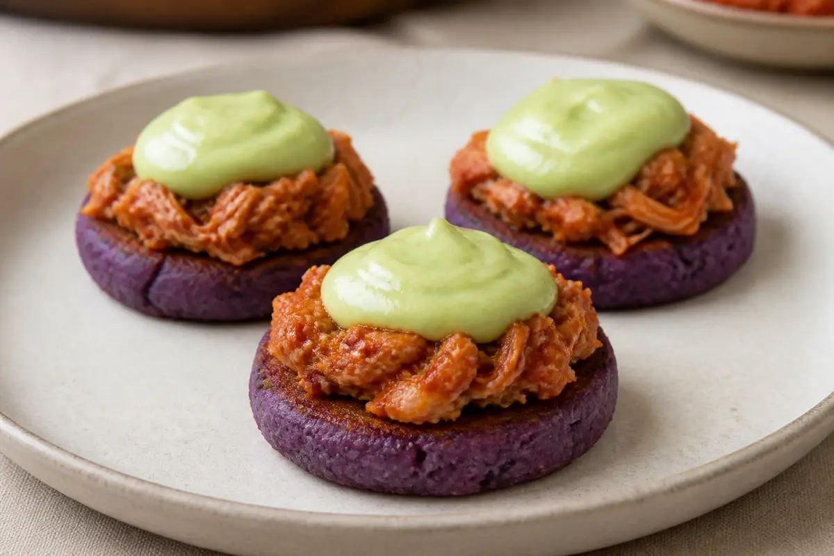 Purple Potato Cakes with Turkey Tinga and Lime Avocado Cream