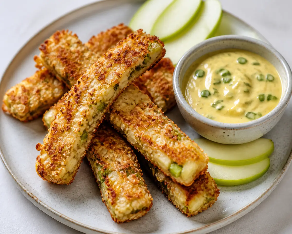 Crunchy halloumi, apple and oat sticks with mild mustard chive dip