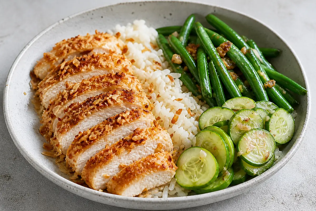 Bowl tibio de pollo al coco tostado con arroz de jengibre, judías verdes salteadas y pepino encurtido rápido