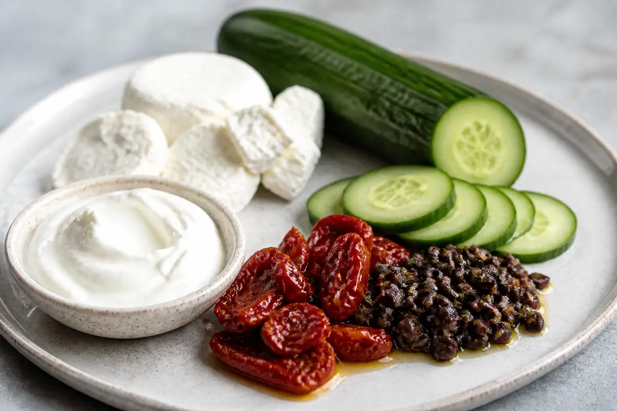 Cucumber Tartlets with Goat Cheese Mousse, Sun-Dried Tomato and Olive Crumble