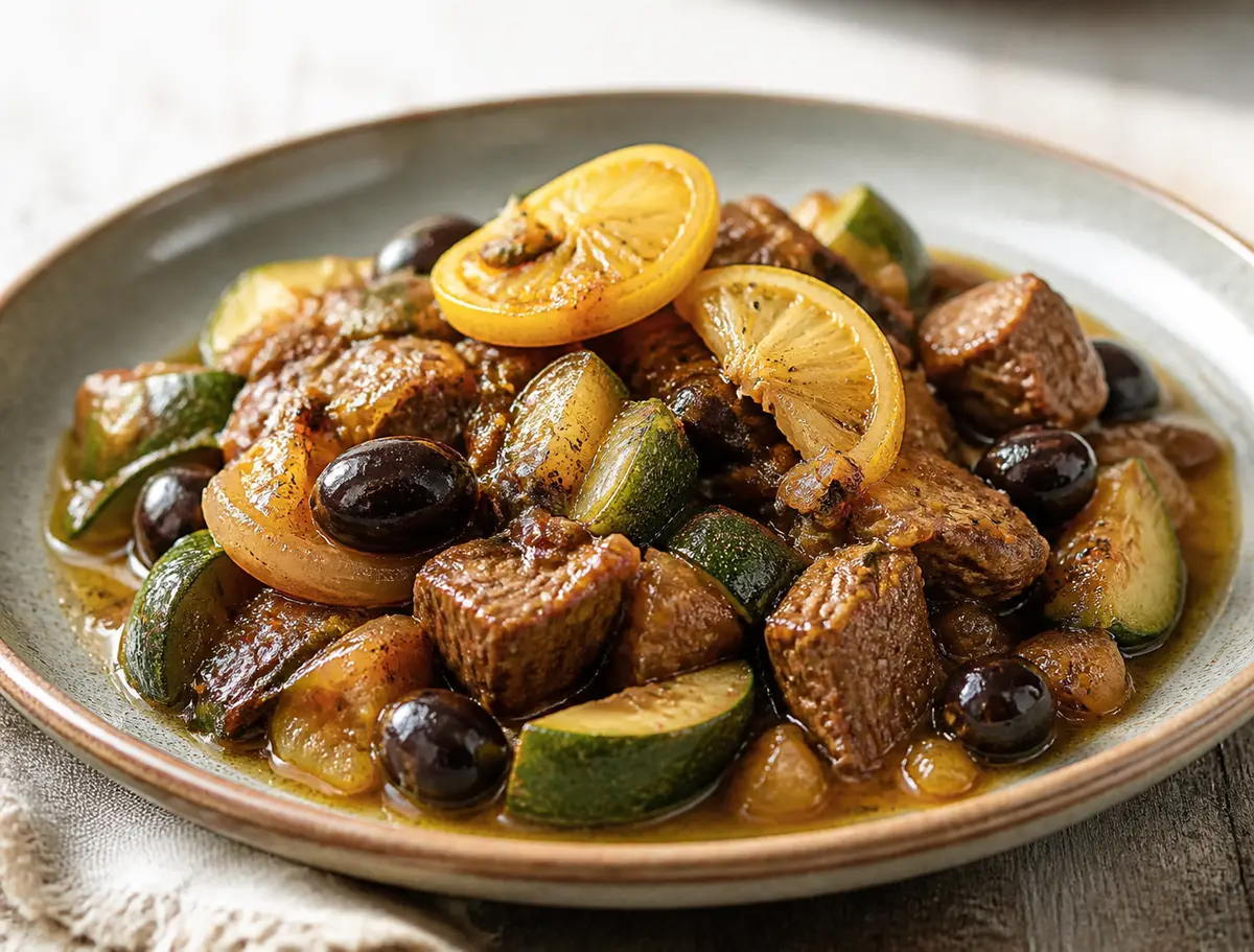 Slow Cooker Beef with Zucchini, Black Olives and Smoked Lemon