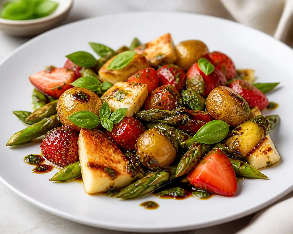 Warm salad of golden potatoes, sautéed asparagus, roasted strawberries and halloumi with basil balsamic vinaigrette